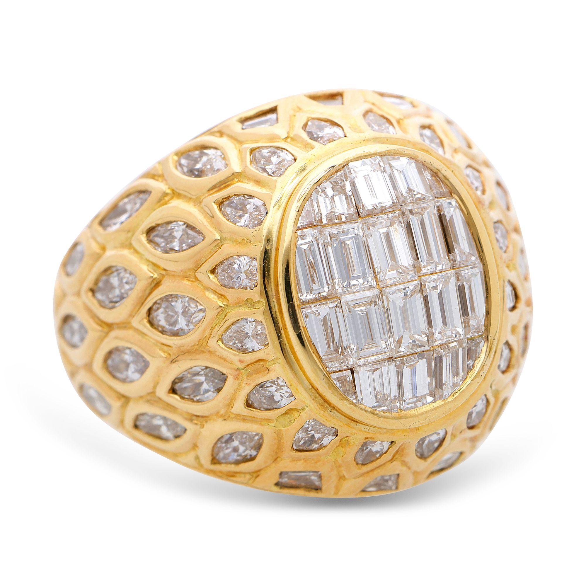 5.20 Carat Baguette Marquise Cut Diamond 18K Yellow Gold Cluster Dome Mens Ring