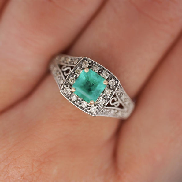 0.77 Carat Square Emerald and Diamond Filigree Halo 14K White Gold Ring