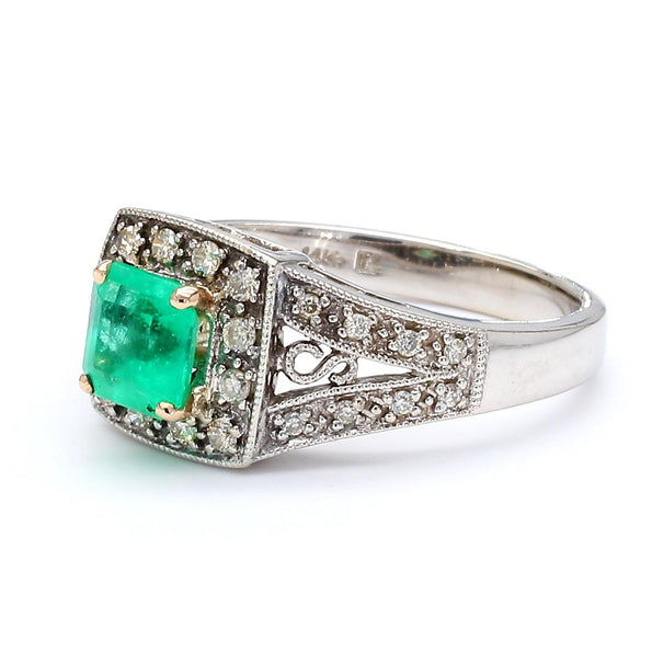 0.77 Carat Square Emerald and Diamond Filigree Halo 14K White Gold Ring