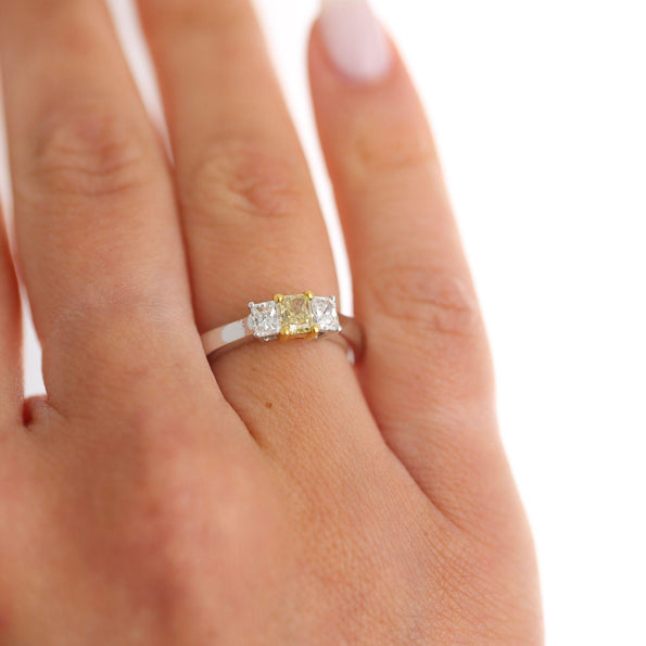 0.87 Carat Yellow and White Diamond Princess Cut 18K 3 Stone Ring