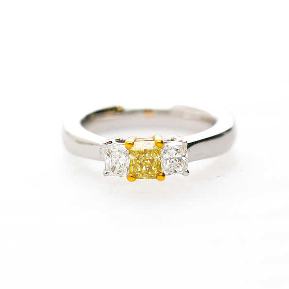 0.87 Carat Yellow and White Diamond Princess Cut 18K 3 Stone Ring