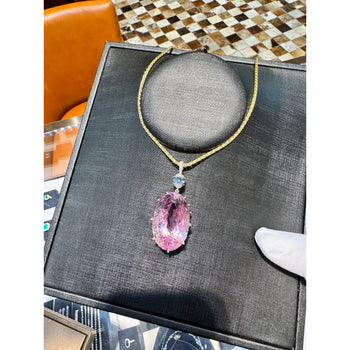 100 Carat Oval Cut Pink Kunzite with Aquamarine & Diamond Pendant in 18K White Gold – Assay Jewelers