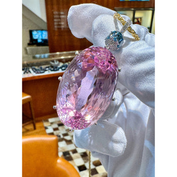 100 Carat Oval Cut Pink Kunzite with Aquamarine & Diamond Pendant in 18K White Gold – Assay Jewelers