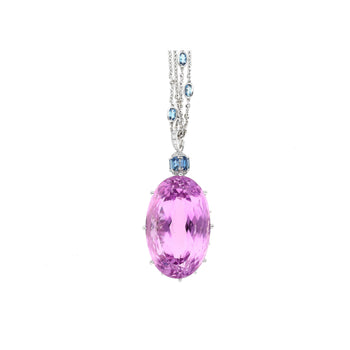 100 Carat Oval Cut Pink Kunzite with Aquamarine & Diamond Pendant in 18K White Gold – Assay Jewelers