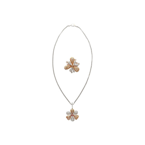 11.9 Carat Pink and White Diamond Pendant Necklace and Ring Flower Motif Jewelry Set in 18K Rose & White Gold
