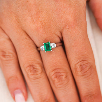 1/2 Carat Emerald and Baguette Diamond 3 Stone Platinum Ring – Assay Jewelers