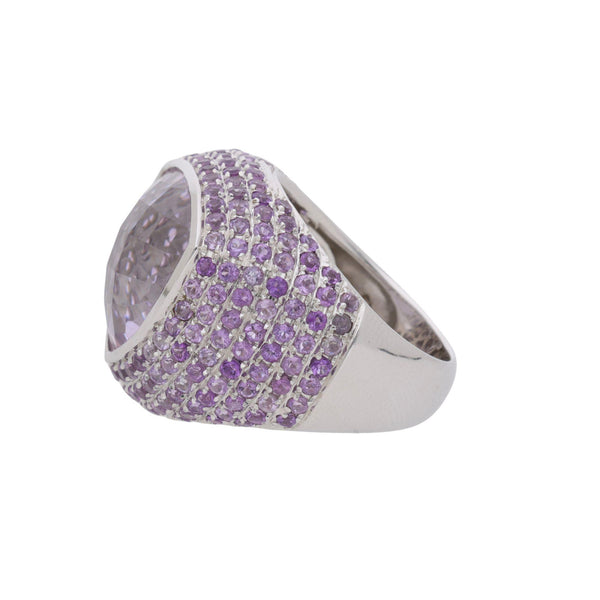 12.50 Carat Trillion Checkerboard Pink Amethyst Pave Dome 14K White Gold Ring