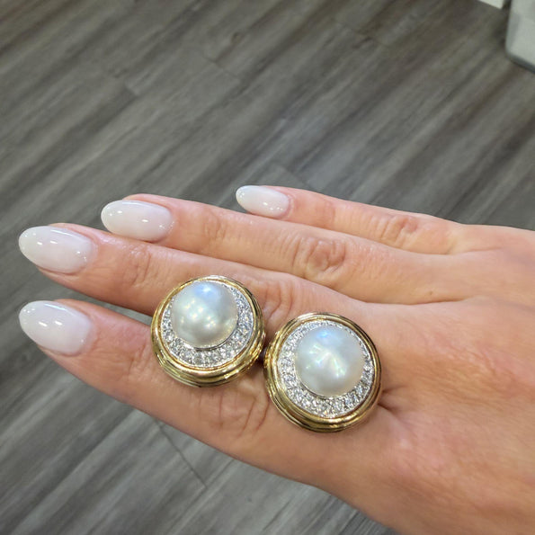 12mm South Sea Pearl 2.88 Carat Diamond Halo 18K Two Tone Gold Clip On Earring