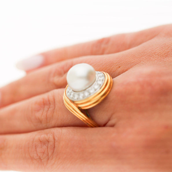 12mm South Sea Pearl 4.26 Carat Diamond 18K Two-Tone Gold Ring and Earring Set