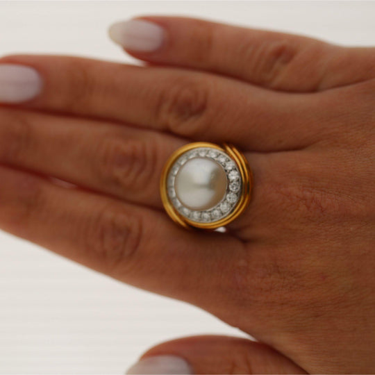 12mm South Sea Pearl 4.26 Carat Diamond 18K Two-Tone Gold Ring and Earring Set