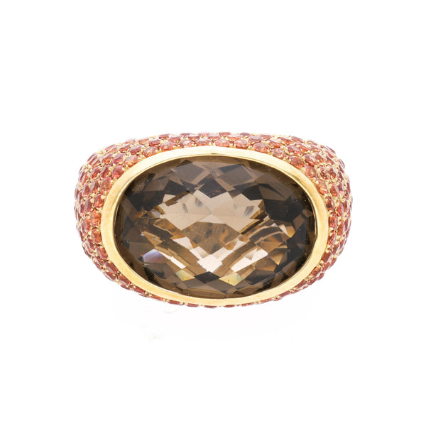 13.50 Carat Checkerboard Smoky Topaz & Orange Sapphire Pave Dome 14K Gold Ring