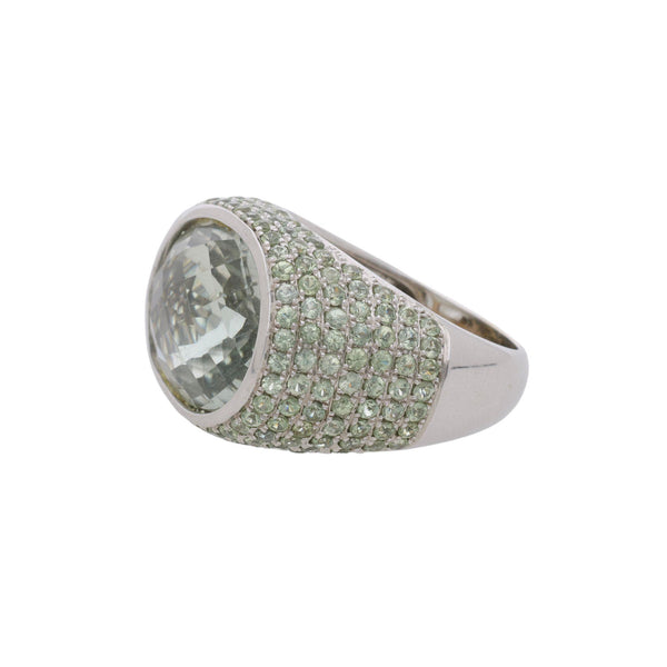 13.50 Carat Oval Checkerboard Cut Green Amethyst Pave 14K White Gold Dome Ring