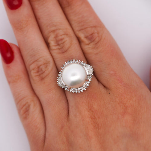 13mm South Sea Pearl & Baguette Diamond Halo Platinum Ballerina Ring