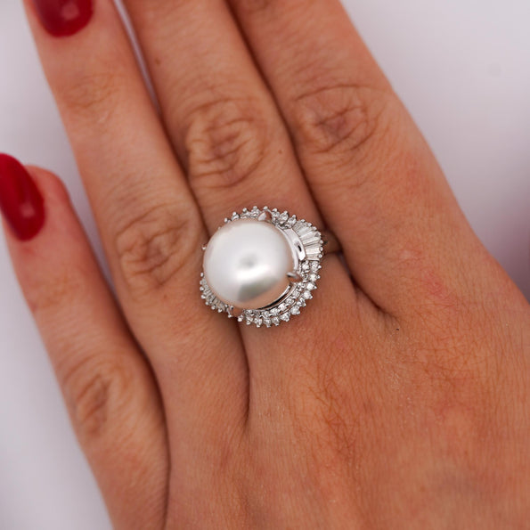 13mm South Sea Pearl & Baguette Diamond Halo Platinum Ballerina Ring