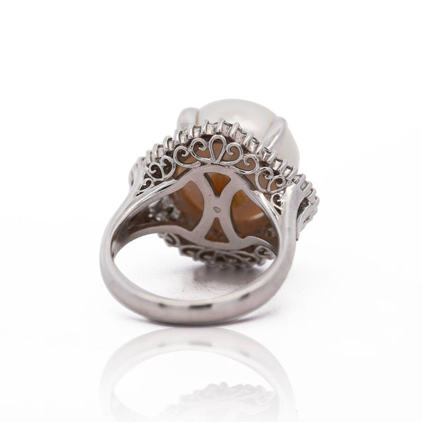 13mm South Sea Pearl & Baguette Diamond Halo Platinum Ballerina Ring