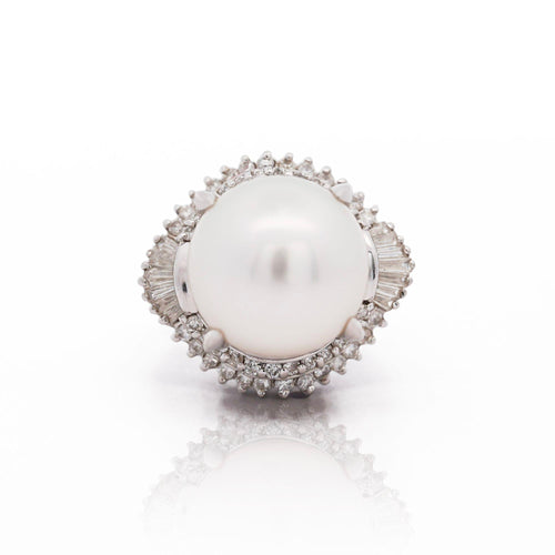 13mm South Sea Pearl & Baguette Diamond Halo Platinum Ballerina Ring