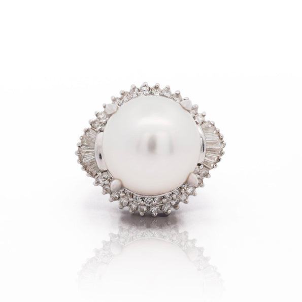 13mm South Sea Pearl & Baguette Diamond Halo Platinum Ballerina Ring