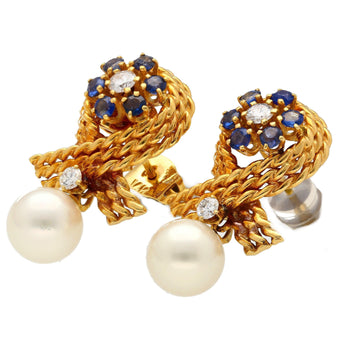 14K Gold Textured Ribbon Motif Natural Pearl, Diamond and Sapphire Stud Earrings – Assay Jewelers