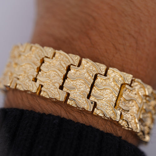 14K Solid Yellow Gold Nugget Link Mens Bracelet