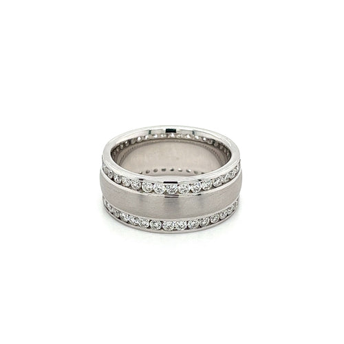 14K White Gold Double Row Diamond Band With Brushed Matte Finish Center