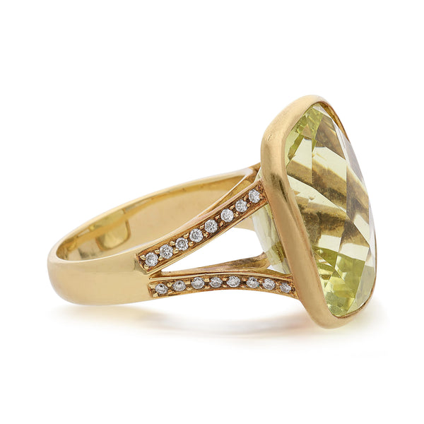 14.55 Carat Cushion Peridot & Diamond Split Shank 18K Yellow Gold Cocktail Ring