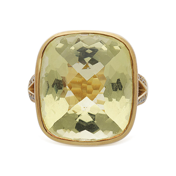 14.55 Carat Cushion Peridot & Diamond Split Shank 18K Yellow Gold Cocktail Ring