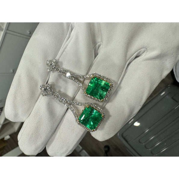 15 Carat Colombian Minor Oil Emerald & Diamond Dangle Earrings in 18K White Gold
