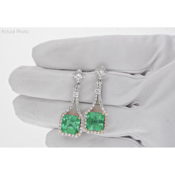 15 Carat Colombian Minor Oil Emerald & Diamond Dangle Earrings in 18K White Gold