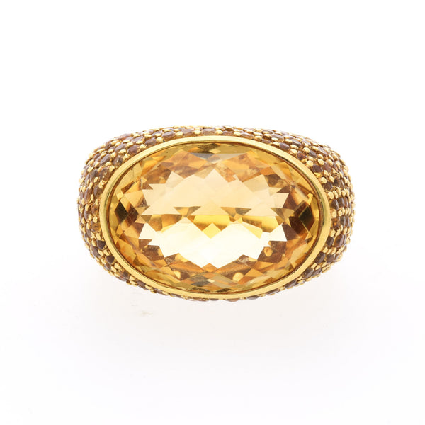 15 Carat Oval Checkerboard Citrine & Citrine Pave 14K Yellow Gold Cocktail Ring