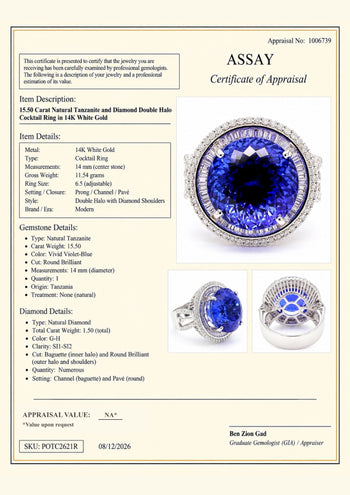 15.50 Carat Round Tanzanite & 1.50 Carat Diamond Double Halo 14K White Gold Ring – Assay Jewelers