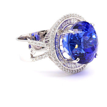 15.50 Carat Round Tanzanite & 1.50 Carat Diamond Double Halo 14K White Gold Ring – Assay Jewelers