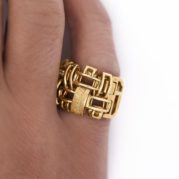 18K Gold Garavelli Signed Men's Italian Diamond Cage Link Ring