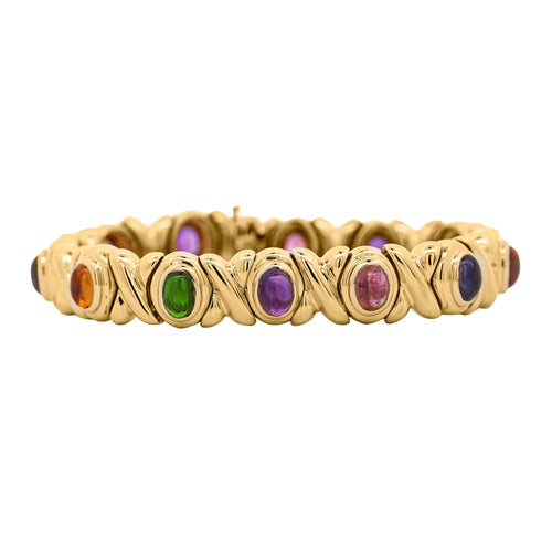18K Gold Multi Color Gemstone Vintage Estate X Bezel Bracelet