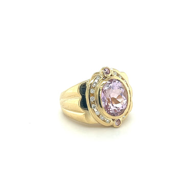 18K Gold Vintage Retro Regal Ring With Pink Kunzite and Diamond Halo – Assay Jewelers