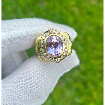 18K Gold Vintage Retro Regal Ring With Pink Kunzite and Diamond Halo – Assay Jewelers