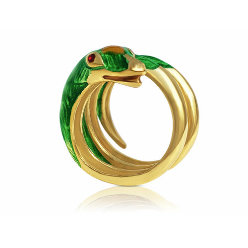 18K Gold and Green Enamel Snake Ring