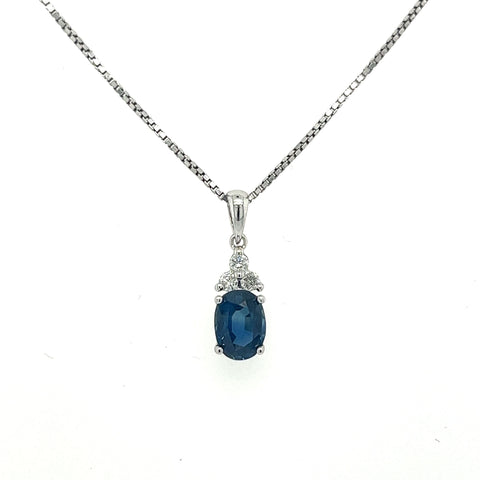 18K White Gold Oval Blue Sapphire & Diamond 3 Stone Drop Pendant Necklace
