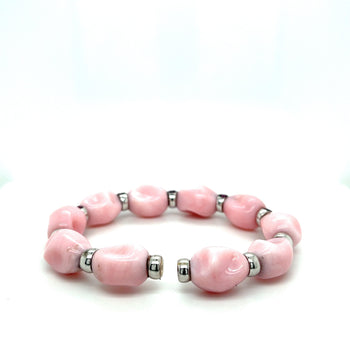 18K White Gold Raw Unformed Pink Agate and Round Cut Ruby Cuff Bangle Bracelet – Assay Jewelers