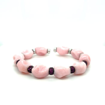 18K White Gold Raw Unformed Pink Agate and Round Cut Ruby Cuff Bangle Bracelet – Assay Jewelers