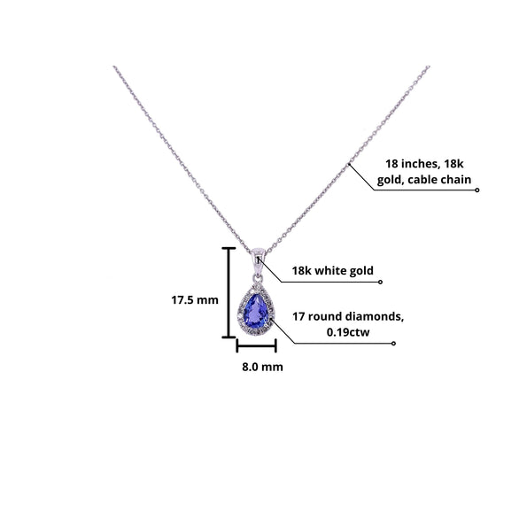18K White Gold Tanzanite Drop Pendant With Diamond Halo