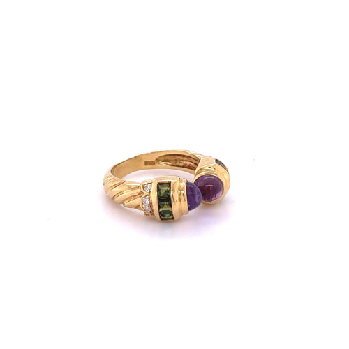 18k Gold Vintage Retro Open Ring With Amethyst, Peridot, and Diamonds