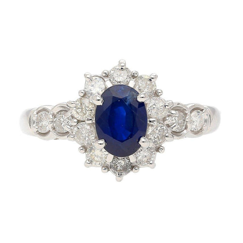 1.16 Carat Oval Blue Sapphire and Diamond Textured Halo Platinum Ring