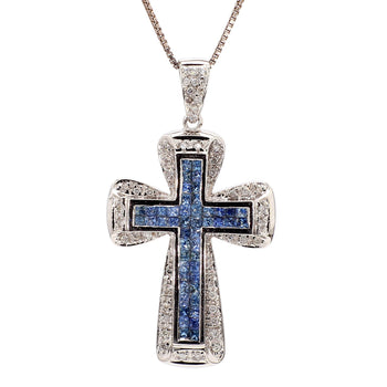 1.2 Carat Sapphire and Diamond Pave Cluster Cross Pendant White Gold Necklace – Assay Jewelers