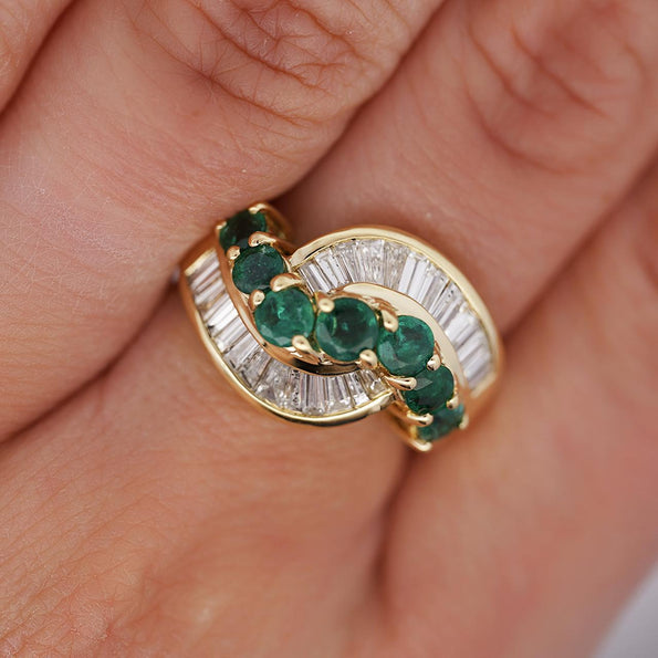 1.22 Carat Round Emerald & Baguette Cut Diamond Wave 18K Gold Band Ring