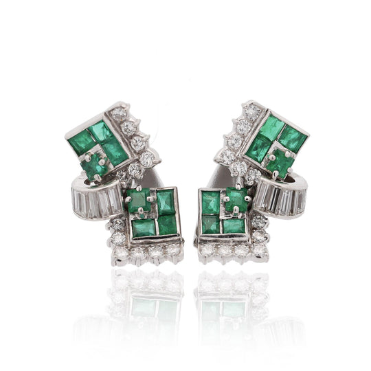 1.30 Carat Emerald & Diamond in 14K White Gold Retro Style Stud Earrings