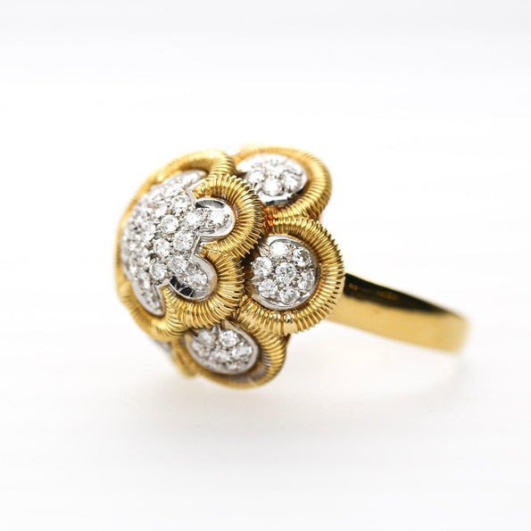 1.35 Carat Round Diamond Pave 18K Two Tone Gold Floral Dome Cocktail Ring
