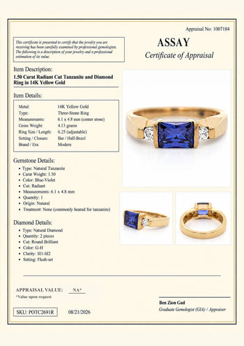 1.50 Carat Radiant Cut Tanzanite & Diamond Accents 14K Yellow Gold Bar Set Ring – Assay Jewelers