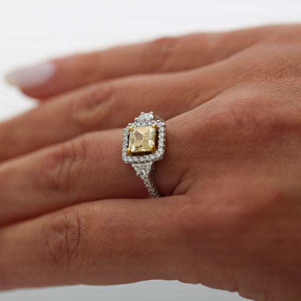 1.51 Carat Fancy Yellow Square Cut Diamond Halo 18K Gold Engagement Ring