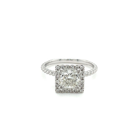 1.60 Carat Princess Cut Lab Grown Diamond Engagement Ring in 18K Rope Style Shank and Diamond Halo