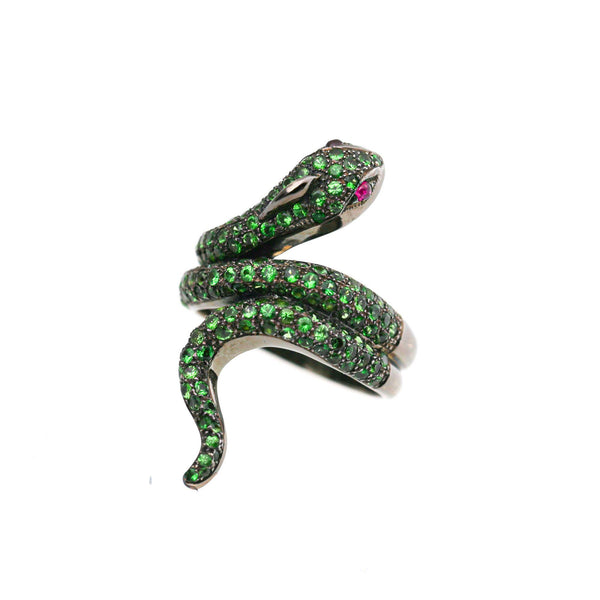 1.73 Carat Tsavorite Garnet & Ruby Eye Pavé Snake 18K Black Gold Cocktail Ring